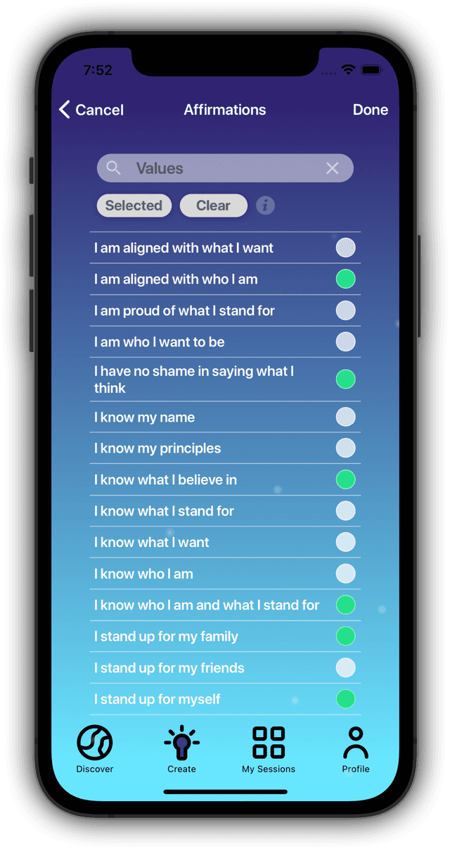 Affirmate app Affirmations screen with a searchable list of positive affirmations to select for your session