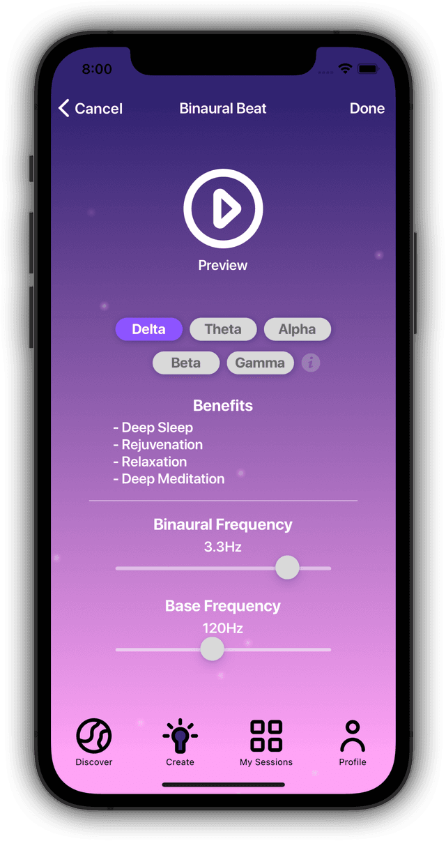 Affirmate app Binaural Beat editor screen with Delta, Theta, Alpha, Beta and Gamma brainwave options and frequency sliders