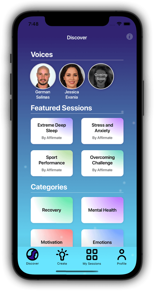 Affirmate app Discover screen in the men's theme with featured sessions and categories