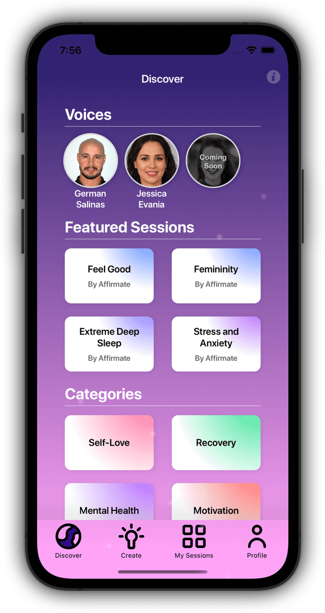 Affirmate app Discover screen in the women's theme with featured sessions and categories