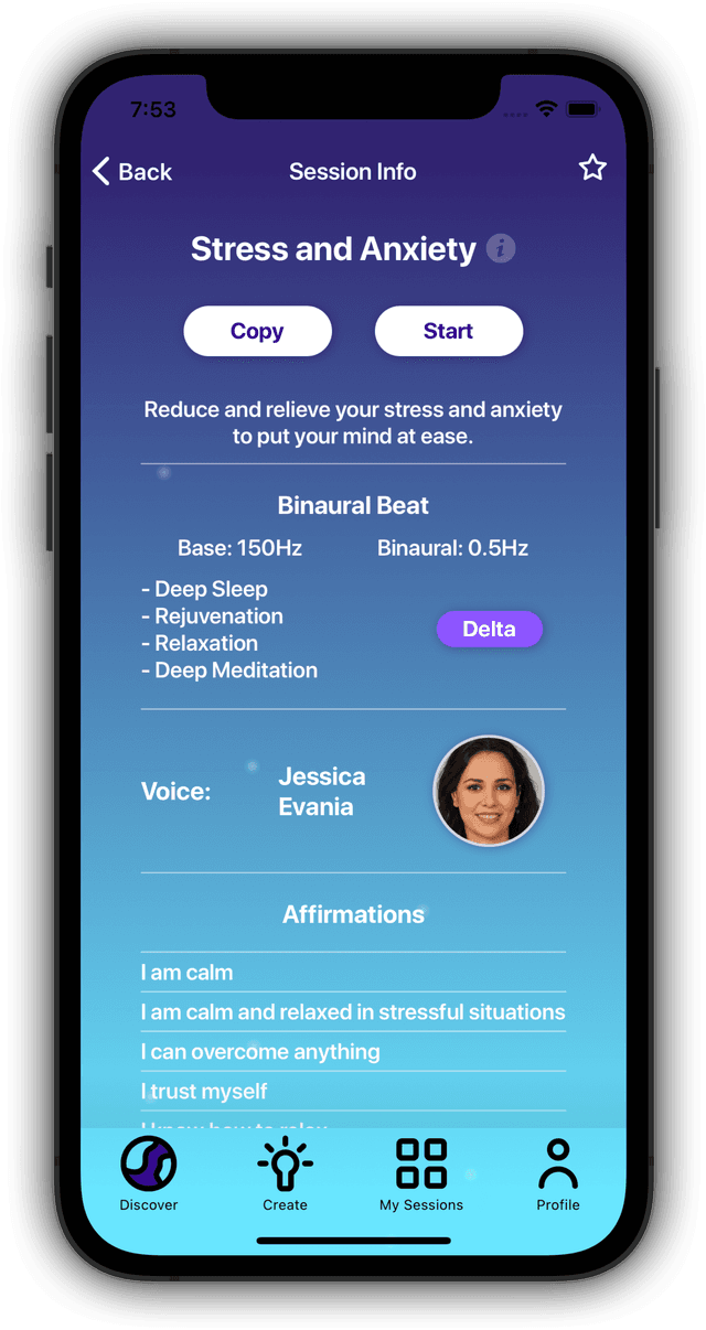 Affirmate app saved Stress and Anxiety session screen showing the chosen binaural beat, voice and affirmations